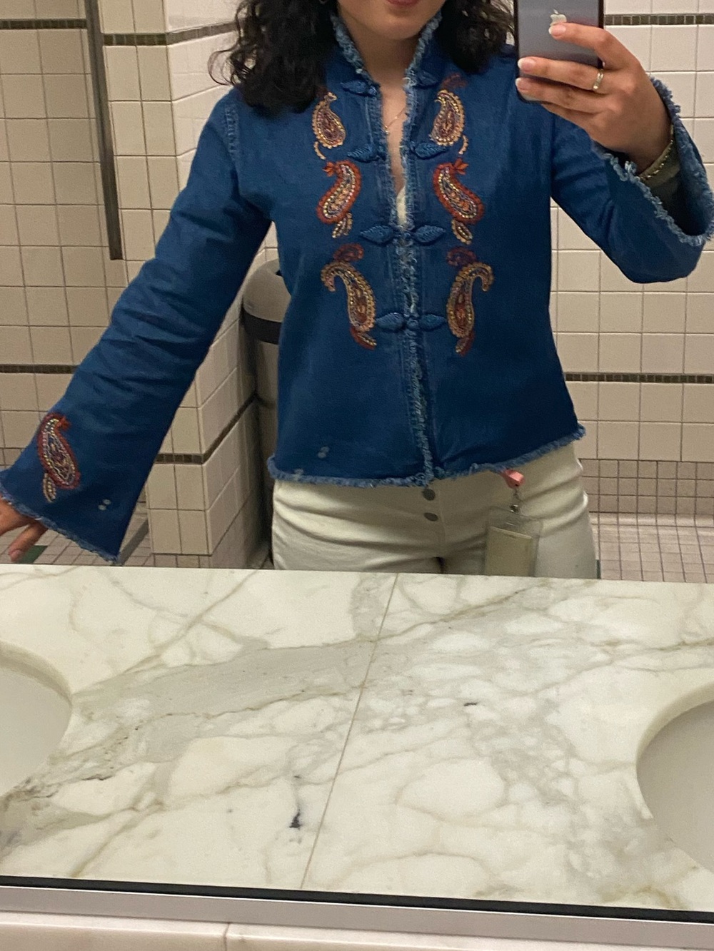 70’s Paisley-Embroidered Dark Blue Denim Jacket with Frog Closures